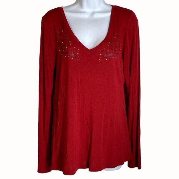 Ariat Embellished Top Long Sleeve‎ V-Neck Rhinestone Detail Red Size M - Picture 1 of 13